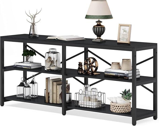 Tribesigns 70.9 Inch Extra Long Console Table, Modern Sofa Table Behind Couch Table with Storage Shelves, 3-Tier Industrial Hallway Entryway Table for Living Room, 3 Shelf Bookshelf(Black)