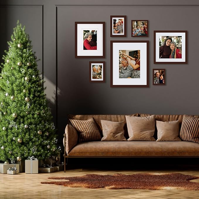 Egofine 8x10 Picture Frame Made of Solid Wood with Plexiglass, Display Pictures 4x6/5x7 with Mat or 8x10 Without Mat for Tabletop and Wall Mounting, Walnut Color