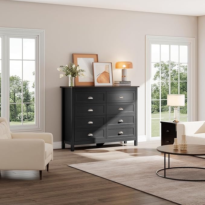 Black Dresser for Bedroom, Farmhouse 8 Drawer Double Dresser with Vintage Antique Handles, Modern Tall Dressers and Chest of Drawers for Bedroom