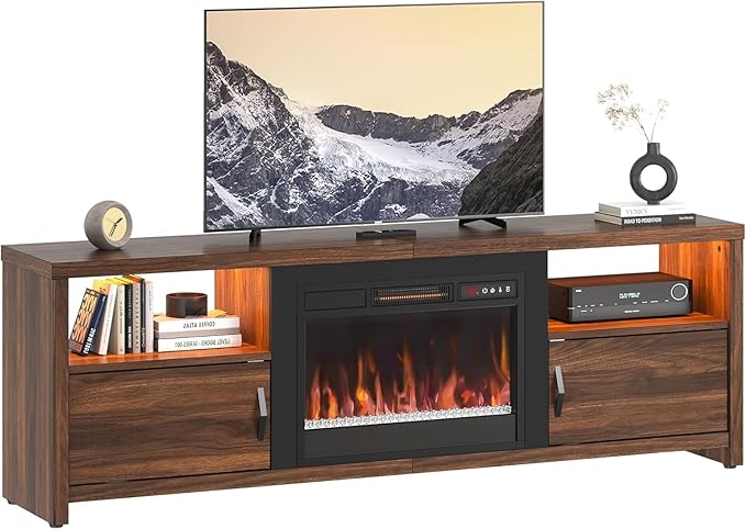Bestier 70" Electric Fireplace TV Stand for TVs Up to 75", Modern Entertainment Center with Storage Cabinets, LED Lights, Open Shelves and Cable Holes for Living Room, Dark Walnut