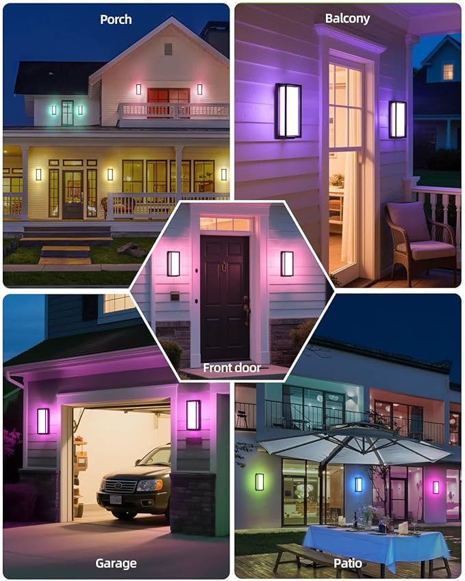 RAYVO Outdoor Wall Lights 2 Pack, 1500LM RGBCW Smart Porch Lights Color Changing Exterior Lighting Fixtures, IP65 Waterproof Outdoor Sconce Lights, Compatible with Alexa Google Assistant, ETL Listed