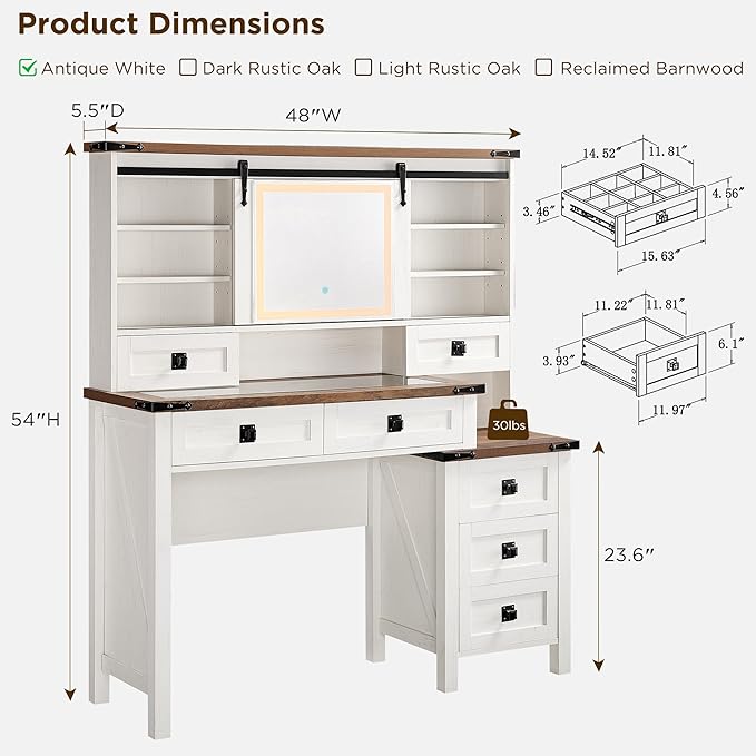 T4TREAM 48'' Farmhouse Makeup Vanity Desk with Sliding HD Mirror and Lights, Big Modern Lighted Vanity Table with 7 Drawers & Shelves, Rustic Large Dressing Table, Antique White