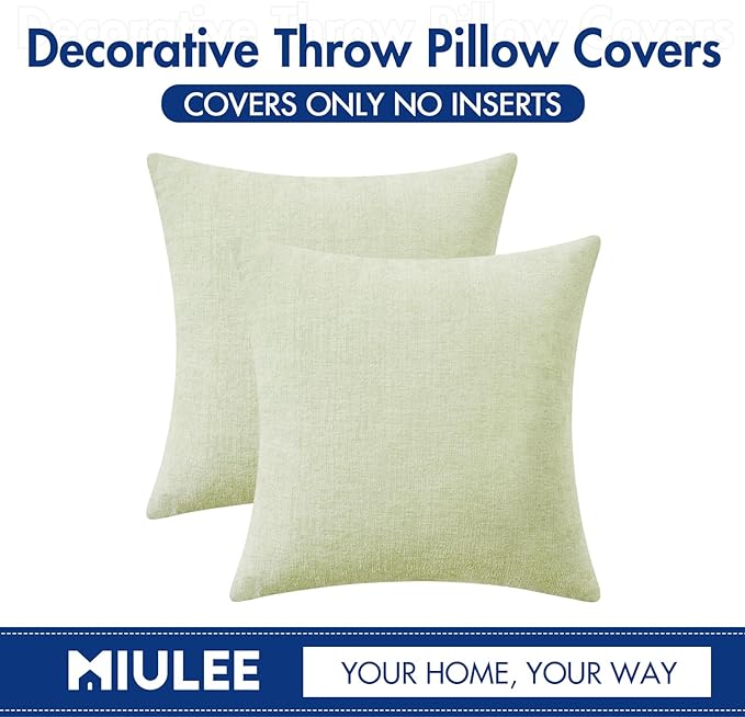 MIULEE Pack of 2 Spring Light Green Couch Throw Pillow Covers 20x20 Inch Soft Chenille Pillow Covers for Sofa Living Room Solid Dyed Pillow Cases