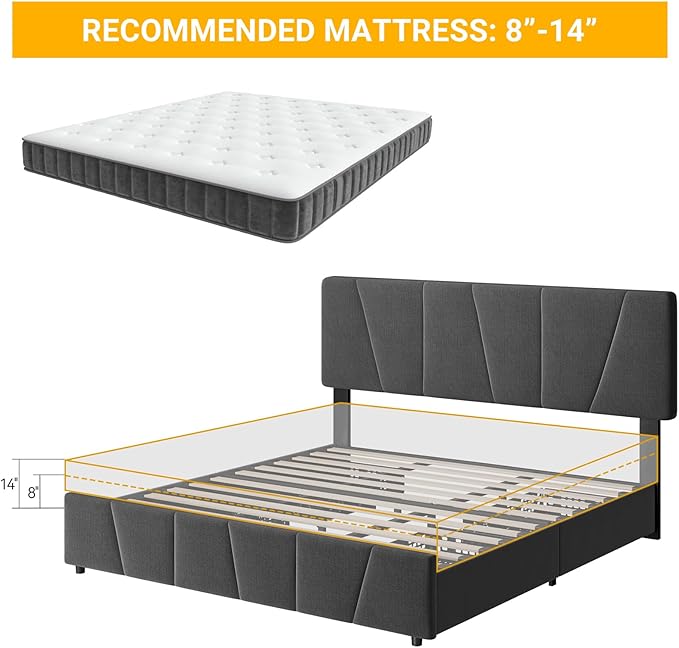 GarveeHome Full Size Bed Frame with Adjustable Headboard and 4 Storage Drawers, Velvet Upholstered Tufted Full Platform Bed Frames with Wooden Slats Support,Full Bedframe No Box Spring Needed, Grey