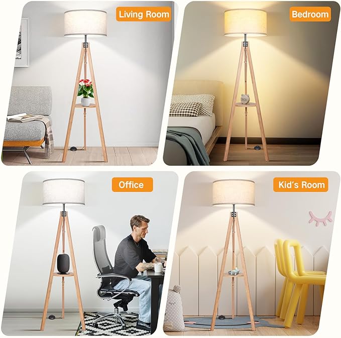 OUTON Dimmable Wood Tripod Floor Lamp with Shelves, Remote Control, Mid Century Modern Standing Lamp 58.5" for Bedroom, Living Room, and Office, Flaxen Lamp Shade Include E26 9W Bulb