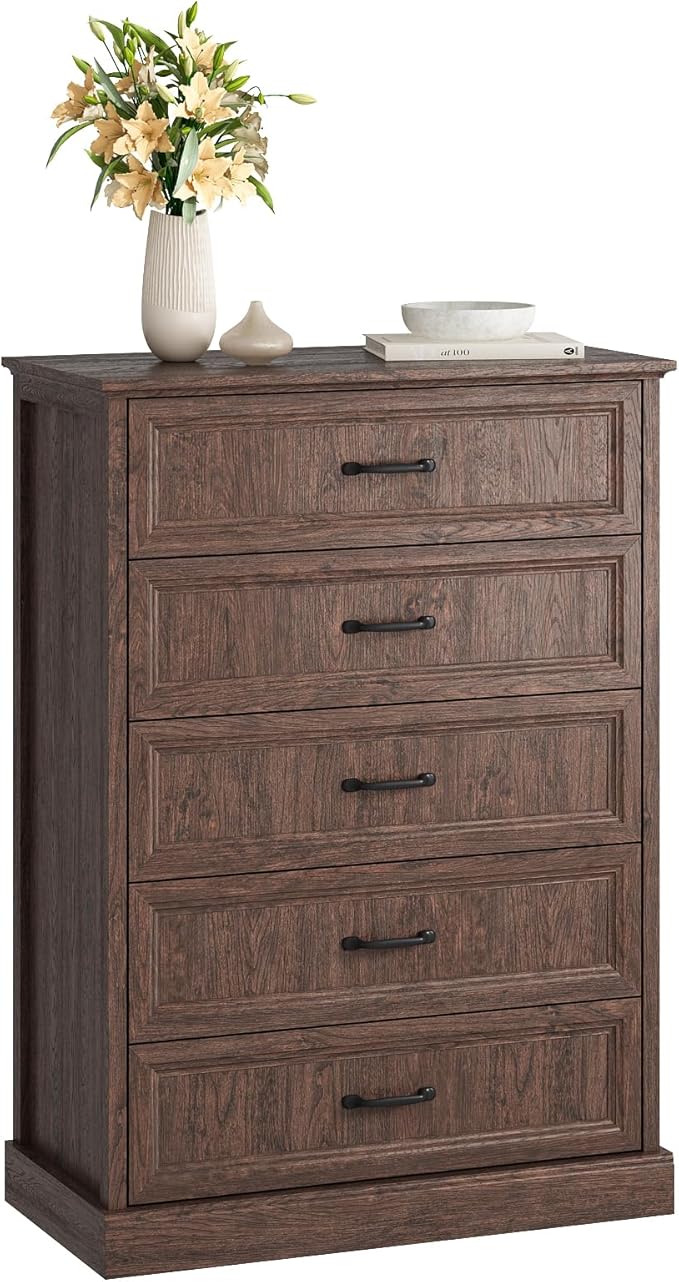 Farmhouse 5 Drawers Dresser for Bedroom, 44" Tall Brown dresser Wood Rustic Chest of Drawers with Wide Metal Handle,Natural Texture,Drawer Organizer for Bedroom,Living Room,Hallway and Entryway