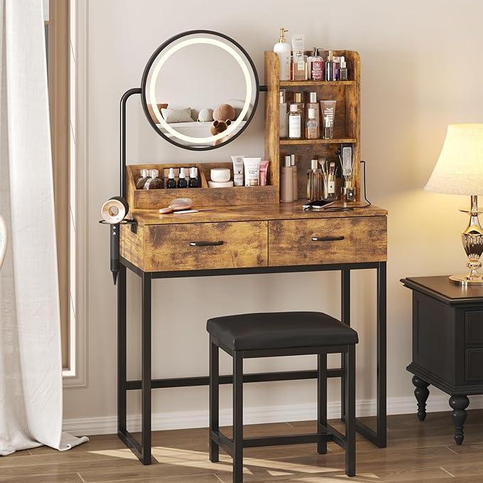 Makeup Vanity Desk with Round Mirror and Lights, Vanity Makeup Table with 2 Drawers, Small Vanity Table for Bedroom with Lots Storage (Brown with Charging, 15.75 * 31.5 * 53.6in)