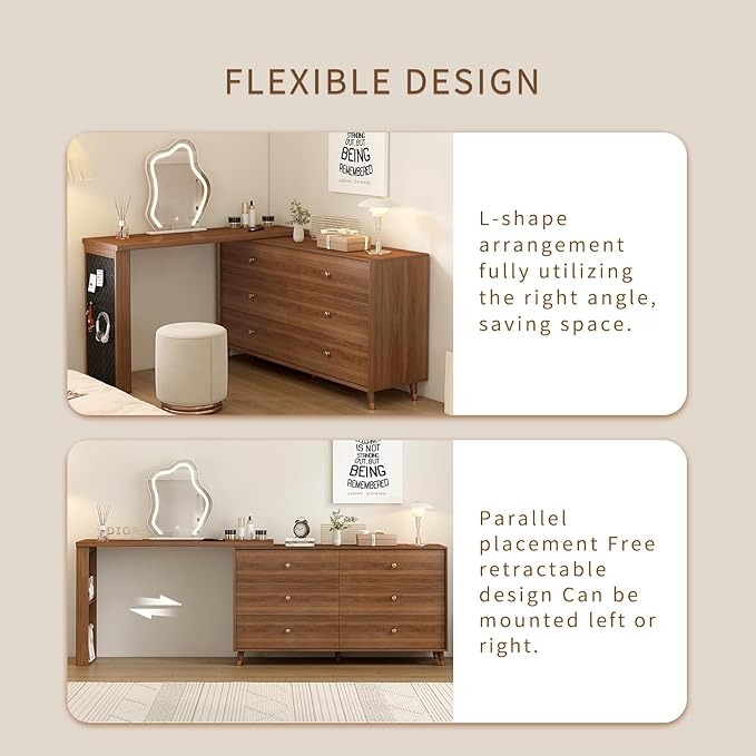 Makeup Vanity Set with Cloud-Pattern HD Lighted Mirror and Stool, 50-94in Extendable Mid-Century Modern Vanity Table, 6-Drawer Solid Wood Frame Storage Cabinet, Bedroom Dressing Table, Brown