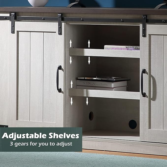 Farmhouse TV Stand for 60inch Television Stand, Entertainment Center with Storage Cabinet and Sliding Barn Doors & Adjustable Shelves, Rustic Media Console Table for Living Room