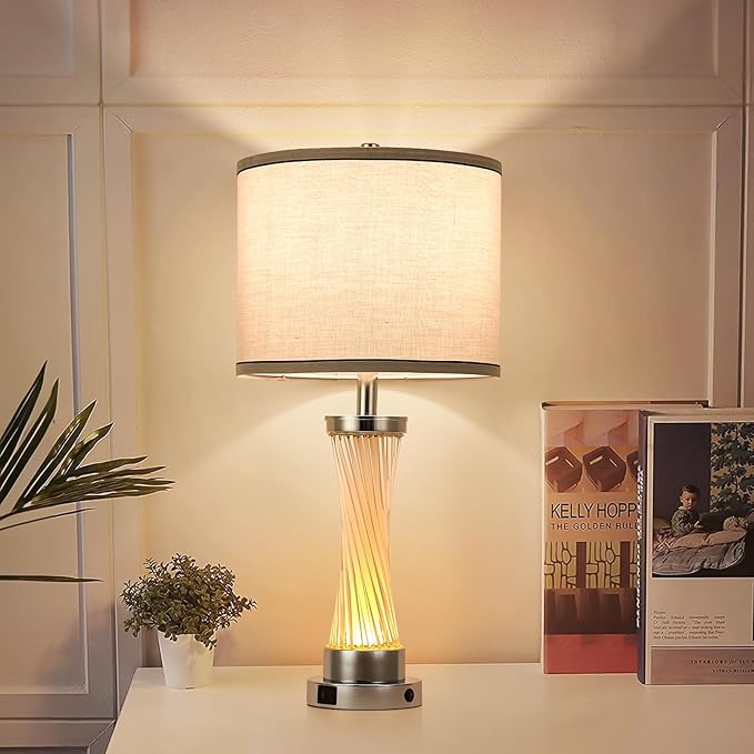 3-Way Dimmable Table Lamp Set of 2,Touch Control Lamp with Night Light,Modern Crystal Table Lamps for Bedroom,Living Room,Bedside Lamps with USB A+C Ports,Fabric Lampshade(Blubs Included)