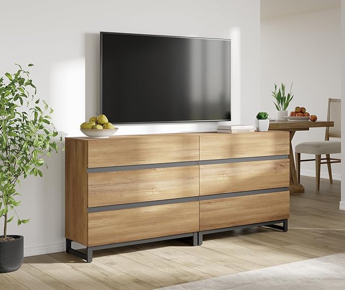 WAMPAT Dresser for Bedroom, Closet Organizers and Storage with 6 Drawers, Chest of Drawers with Metal Base, Modern Wood Dresser for Living Room, Bedroom,Oak