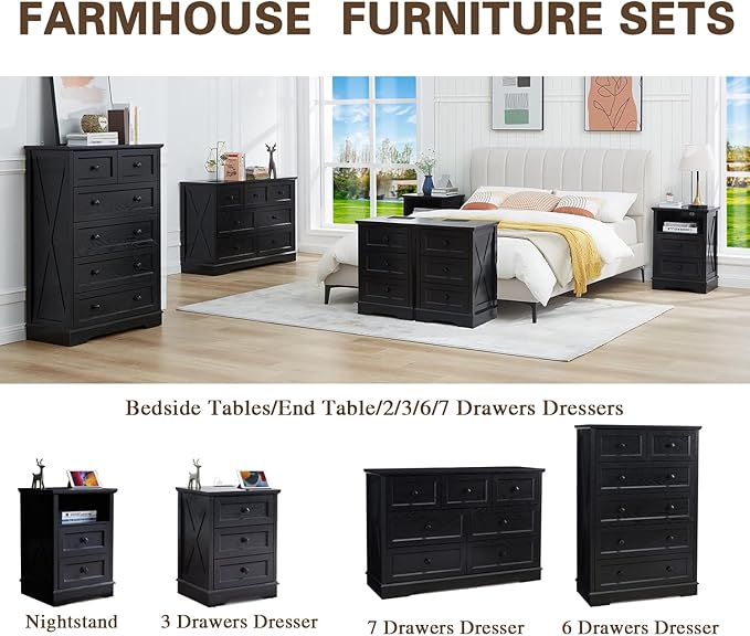 Farmhouse 7 Drawers Dresser for Bedroom with Charging Station, Wide Black 7 Chest of Drawers, Wood Dressers Organizer for Closet, Modern Storage Organizer Cabinet for Living Room,Hallway & Entryway