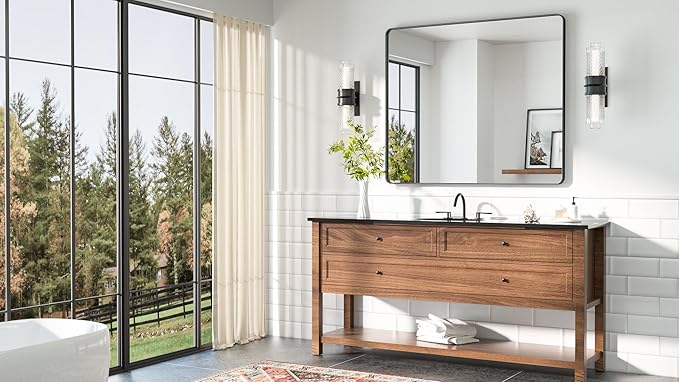 TETOTE 42 x 36 Black Bathroom Mirror Matte Black Metal Framed Vanity Mirror, Tempered Glass, Wall Mounted for Bathroom, Entryway, Bedroom, Living Room(Horizontal/Vertical)