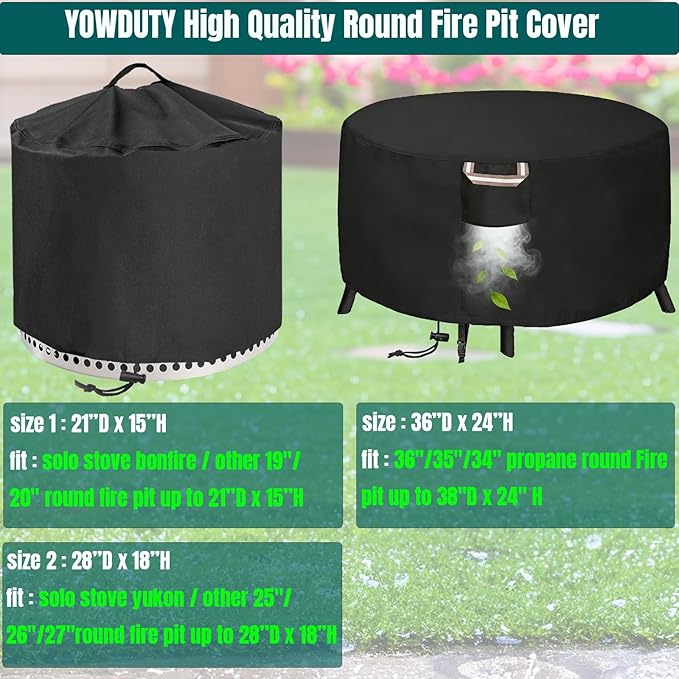 YOWDUTY Round Propane Gas Fire Pit Cover 36 x 24 Inch, Waterproof Heavy Duty 600D Round Outdoor Fireplace Cover 36 inch, All-weather Protection For Patio Firepit / Fire Bowl 34/35/36 inch