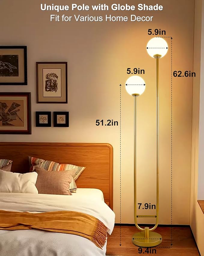 Lightdot 63IN Gold Floor Lamp with U Pole, 2 Globe Mid Century Standing Lamps with Warm White LED Bulbs, Unique Vintage Tall Floor Lamp for Living Room/Wedding/Party