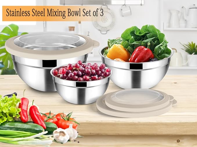 TeamFar Mixing Bowls with Lids, 4.5/3/1.5 QT Stainless Steel Nesting Salad Bowls with Airtight Lids, For Serving/Mixing/Storing/Prepping, Healthy & Sturdy, Visible & Easy Clean, Khaki, Set of 3