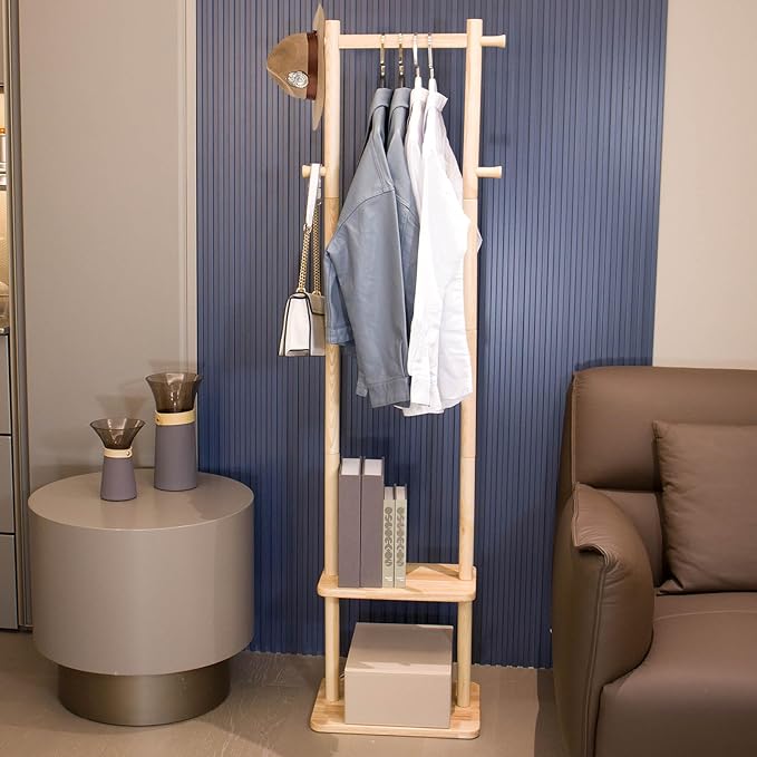Wooden Coat Rack Freestanding,Hall Tree with Sturdy Base,Clothing Rack for Hanging Clothes,Small Clothes Rack with 3 Storage Shelves,Space Saving for Entryway, Hallway, Bedroom (Natural)