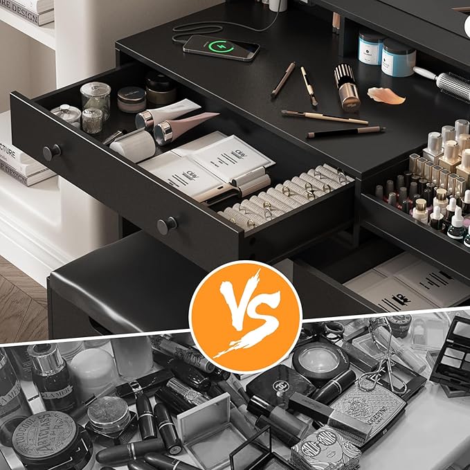 Vabches Vanity with Mirror and Lights,Makeup Vanity Table with Charging Station,Dressing Table with Stool & 3 Storage Compartments,3 Color Modes Available for Bedroom,Black