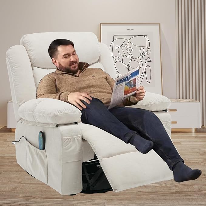 Massage Rocker Recliner Chair with Heat for Adult, Fabric Overstuffed Swivel Recliners Reclining Single Sofa Rocking Manual Home Theater Recliners Lounge Chairs for Living Room,Beige