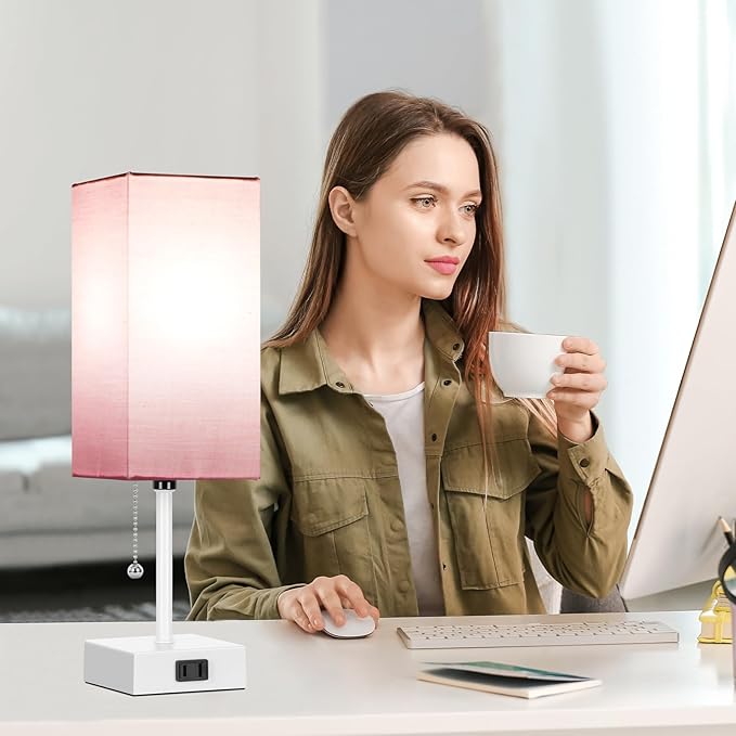 Table Lamp for Bedroom set of 2,3-Color Bedside Lamps with Pull Chain Table Lamps for Nightstand with AC Outlets,Small Night Light Lamps with 2 Bulbs Lamps for Living Room Kids Room Office Decor(Pink)