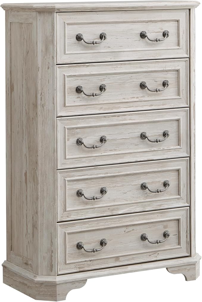 T4TREAM Farmhouse 5 Drawers Dresser for Bedroom, 48" Tall Wood Rustic Chest of Drawers with Natural Texture, Vintage Design, Storage Dressers Organizer for Bedroom, Living Room, Distressed White