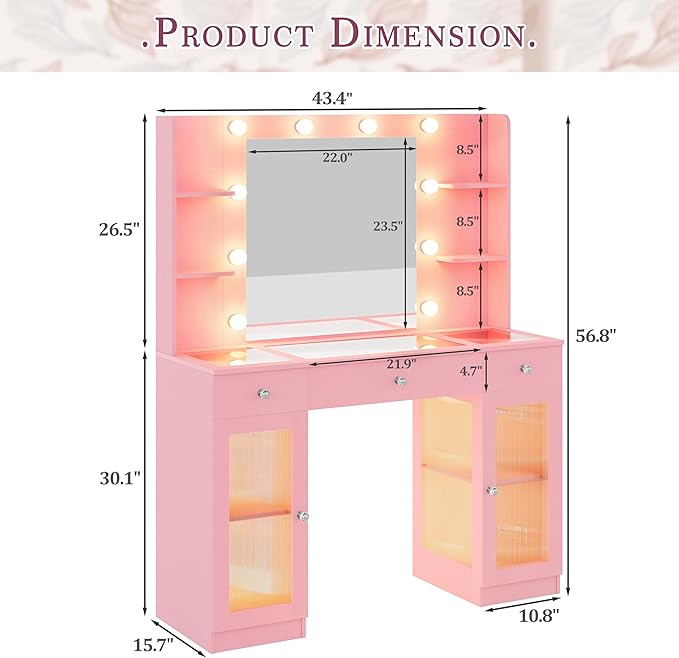 Makeup Vanity with Glass Top, Pink Vanity Desk with Mirror and Lights, Big Vanity with Drawers & Cabinets for Bedroom, Cute Vanity with Crystal Knobs & Power Outlet for Women, Girls