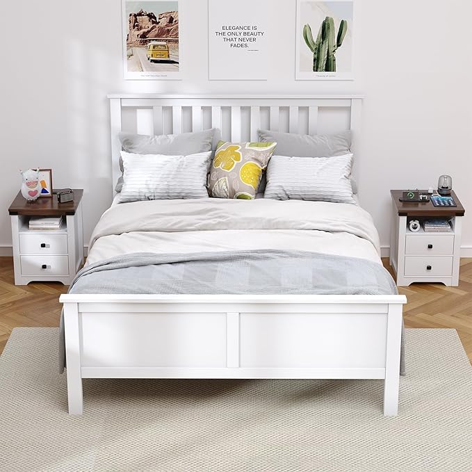 Farmhouse 2 Drawers Dresser for Bedroom, Nightstand with LED Lights, Wooden Dresser Side Table with 2 Storage Drawers, Wooden End Table for Bedroom, White