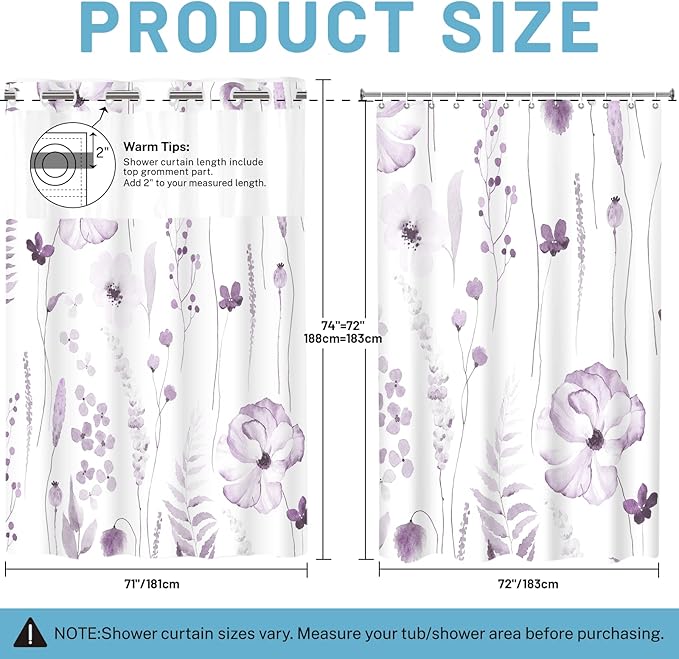 No Hook Shower Curtain with Snap in Liner - Floral Shower Curtain - Fabric Waterproof Inner Liner, Plants Watercolor Plum Modern Cloth Shower Curtains - Machine Washable, 71 x 74