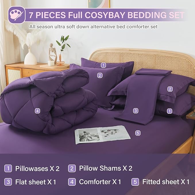Cosybay Bed in a Bag Full Comforter Sets 7pcs All Season Solid Down Alternative Bedding Sets Purple with Comforter, Pillow Shams, Flat Sheet, Fitted Sheet and Pillowcases