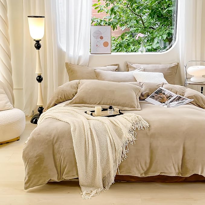 Luxlovery Cream Coffee Velvet Comforter Set Twin Khkai Flannel Bedding Comforter Set Minimalist Bedding Set Solid Dark Champagne Blanket Quilts Modern Heavyheight Winter Taupe