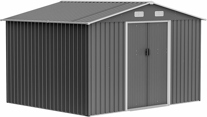 10x8 FT Sheds & Outdoor Storage Garden Metal Shed with Floor Included Lockable Sliding Door and Air Vents Foundation Steel Shed with Air Vents Waterproof Roof Ideal for Backyard Patio Lawn Dark Gray