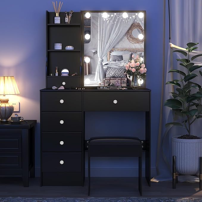 Black Vanity Desk with Lights, Makeup Vanity Table Set with Chiar and Storage Drawers, Vanity with Lights for Bedroom, Dressing Table for Teen Girls and Women