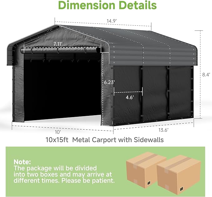 Real Relax 10x15ft Heavy Duty Metal Carport with Galvanized Steel Roof, Removable Sidewalls, Outdoor Car Port Shelter for Cars, Trucks and Boats, Gray