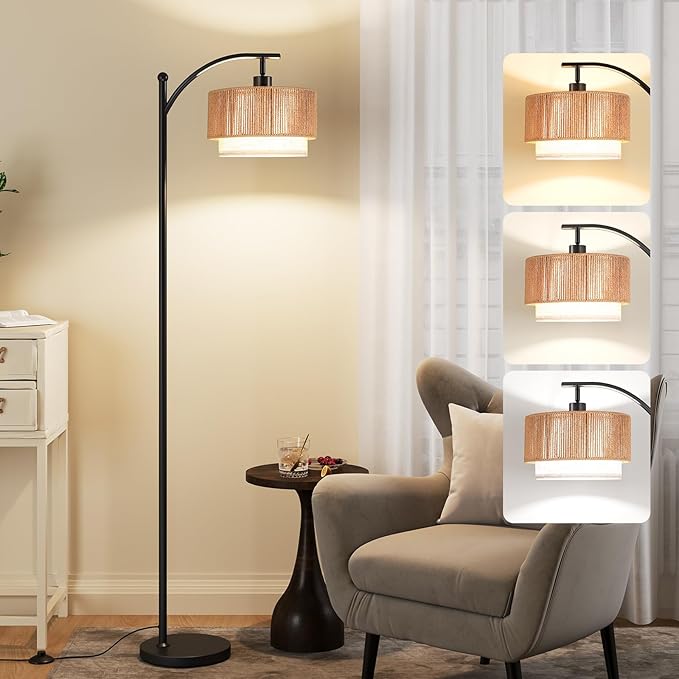 SUNMORY Floor Lamps for Living Room with 12W LED Bulb, Arc Floor Lamp with 3 Color Temperatures, Farmhouse Floor Lamps with Adjustable Rattan & Fabric Shades, Boho Standing Lamp for Bedroom, Corner