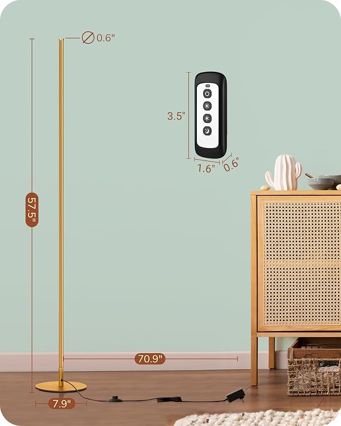 EDISHINE LED Corner Floor Lamp with Remote, 57.5" Minimalist Dimmable Corner Light, Tall Floor Lamps for Living Room, Bedroom, Office, 3000K Warm White Light (Gold)