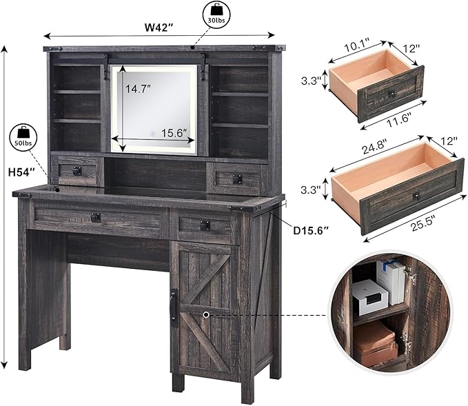 T4TREAM Farmhouse Makeup Vanity Desk with Sliding Mirror and Lights, 42'' Glass Tabletop Vanity Table with 2 Drawers & Shelves, Rustic Big Vanity Set for Bedroom, Dark Rustic Oak