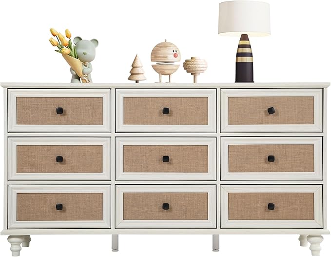 9 Drawer Dresser for Bedroom, Mid Century Modern Wide Wood Rustic Chest of Drawers Wooden Storage Organizer Dressers with Burlap Rattan Drawers for Living Room, Hallway Closet, Entryway, Beige White