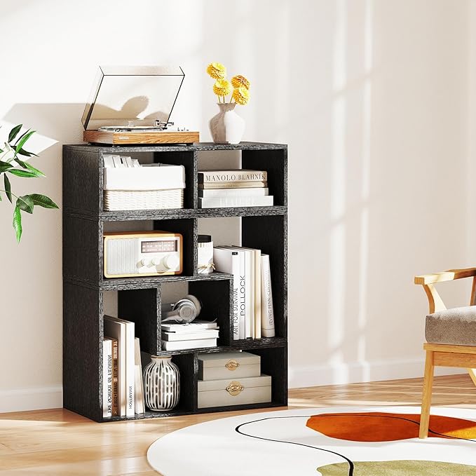 GOFLAME 3 Pieces TV Console Stand, Modern Entertainment Center for 50 55 60 65 Inch Flat Screen TV, Free Combination Bookcase for Storage & Display, Suitable for Living Room (Black Wood Grain)