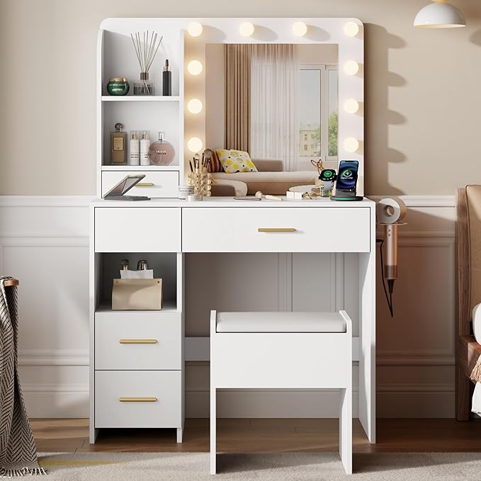 Vanity Desk with Mirror and Lights, 3 Adjustable Lighting Makeup Vanity Desk with 3 Storage Shelves, 5 Large Drawers and Power Outlet, Vanity with Chair for Bedroom, White
