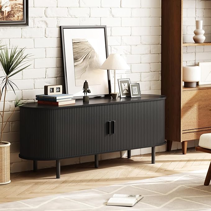 55" TV Stand with Power Outlet for TVs up to 60 Inch, Entertainment Center with Storage and Adjustable Shelves, Modern Media Console with Sliding Doors for Living Room, Black