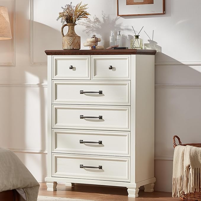 Farmhouse 6 Drawer Dresser for Bedroom, 45 Inch Tall Vintage Wood Chest of Drawers, Rustic Dressers w/Square Wooden Legs, Mid-Century Storage Organizer for Living Room, Hallway, White