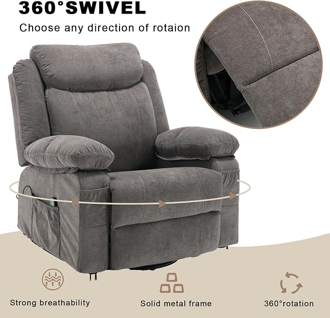 Rocker Recliner Chair with Massage and Heat, Overstuffed Swivel Recliners, Oversized Fabric Recliners Singl Sofa Manual Reclining Home Theater Lounge Chairs for Living Room Adults, Grey