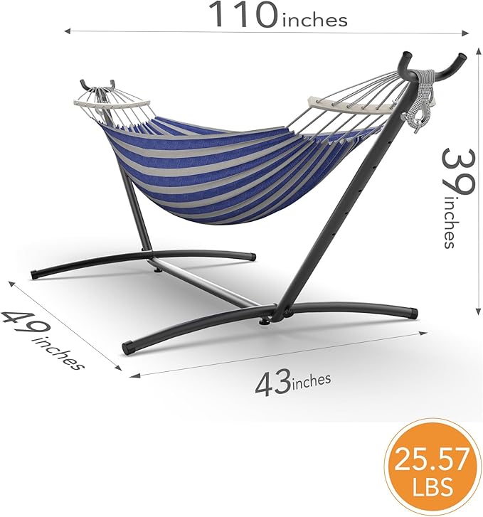 Double Hammock with Heavy-Duty Steel Stand,Portable,Easy Assembly,600lbs Weight Capacity,Perfect for Indoor,Yard,Camping,or Outdoor-BlueWhite