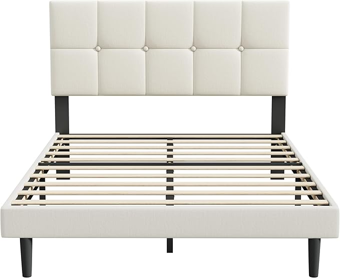 Queen Size Bed Frame, Queen Size Platform Bed Frame with Headboard, Upholstered Headboard, Sturdy Wooden Slats, Noiseless No Box Spring Required, Easy to Assemble, Beige