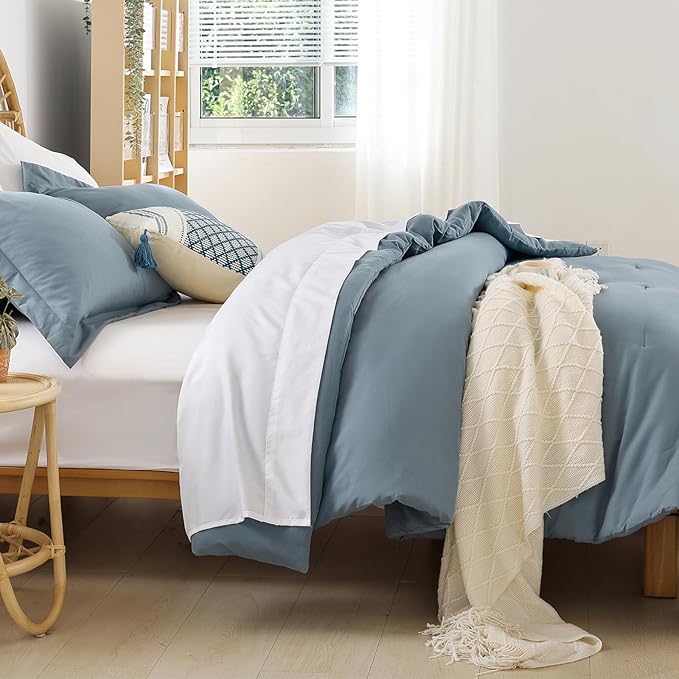 weigelia Dusty Blue Comforter Set 7 Pieces Full Comforter Set Soft Fluffy Bed in a Bag Full Size Bedding Set with Fitted Sheet, Flat Sheet, Pillow Shams, Pillow Cases for All Season