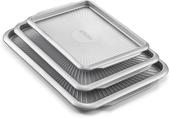 SYAINN Non-stick Ceramic Baking Sheet Set, Pack of 3 - Aluminum Steel Cookie Sheets for Baking - Includes Half/Quarter/Jelly Roll Pans - Warp Resistant, Toxic, PTFE & PFOA Free - Sliver