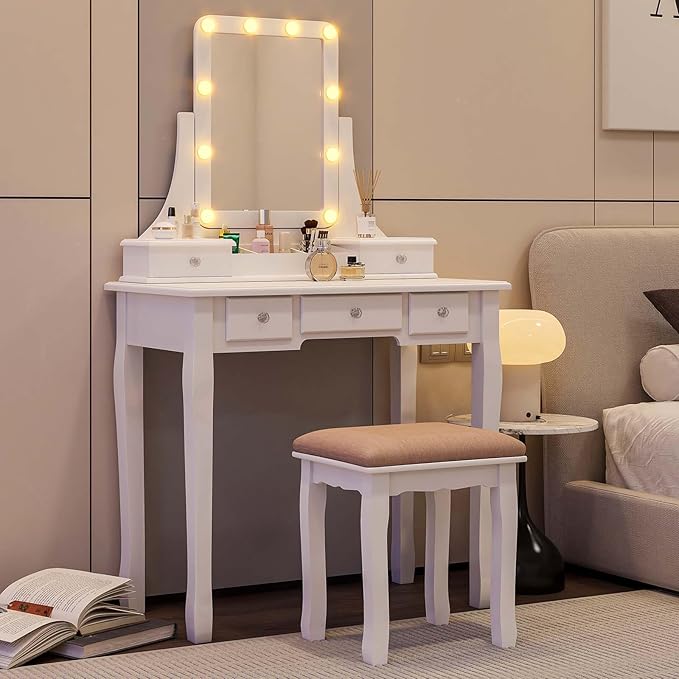Vanity Desk with Mirror and Lights Makeup Vanity with Lights and Drawers Makeup Vanity Table with Lights Make Up Vanity Desk and Stool Set