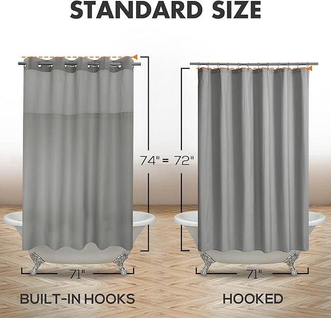 No Hook Slub Textured Shower Curtain with Waterproof PEVA Liner Set - 71" x 74"(72"), Hotel Style with See Through Top Window, Fabric Curtain & Waterproof Liner for Bathroom, Dark Gray, 71x74