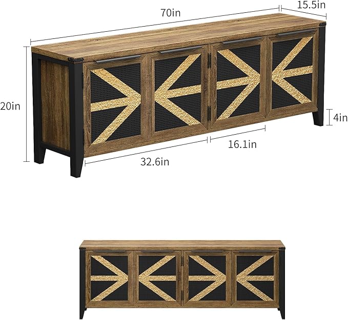 VFK 70 Inch Farmhouse TV Stand for 75 Inch TV, Rustic Entertainment Center with 4 Doors, Wood Media Console Cabinet with Storage, Living Room TV Cabinet