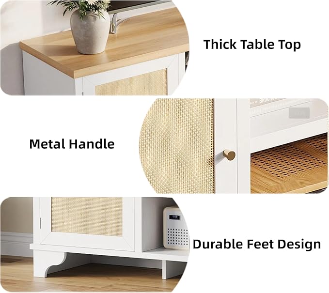 GAOMON Rattan TV Stand Fits TVs Up to 70 Inches, Farmhouse Entertainment Center with Cabinets and Open Shelves, Wooden Media Console Table for Living Room, White